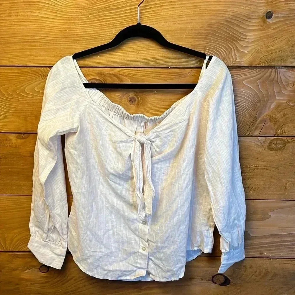 Free People Linen Blend Off The Shoulder Tie Front Blouse Shirt M Boho Cottageco